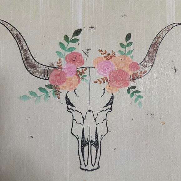 Boho Vibes Floral Bull Skull Print Wall Hanging Home Decor 12”x12” Distress Look - Picture 2 of 8